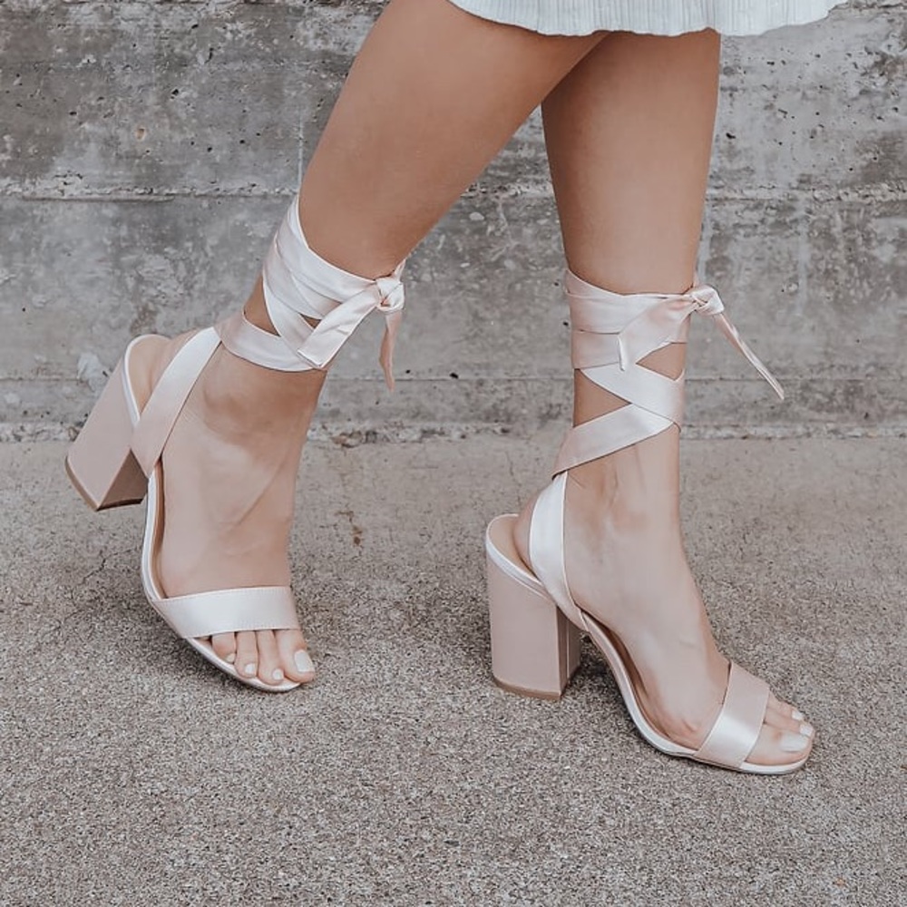 LULU’S Alta Blush Pink Satin Lace Up Block Heels Women’s Size 8.5 Worn Once